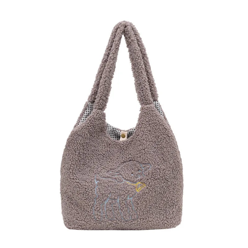 Embroidered Lamb Fabric Tote Bag for Women
