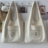 Zodiac Pattern Print Commuter Tote Bag Canvas Large Capacity