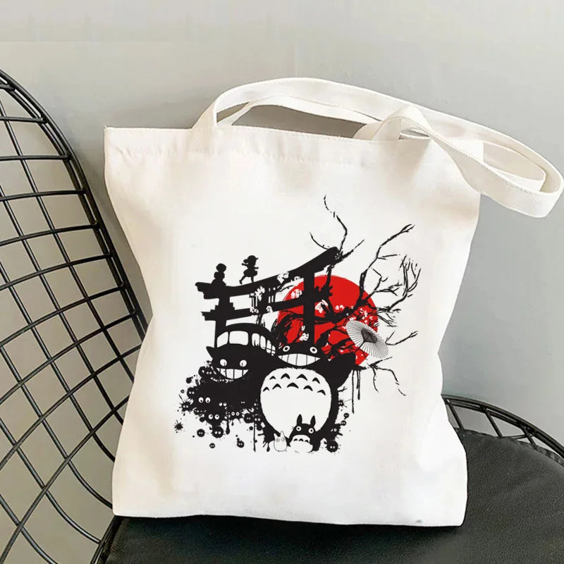 Totoro Anime Print Grocery Tote Bag Reusable Large Capacity Women Bag