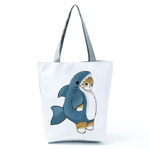 Eco Reusable Shopping Bag Cat Shark Print Shoulder Tote