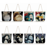 Linen Fabric Tote Bag Cat Printed Casual Shoulder Bag