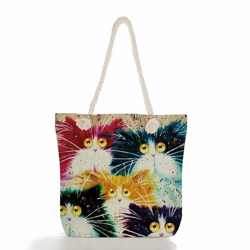 Linen Fabric Tote Bag Cat Printed Casual Shoulder Bag