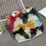 Linen Fabric Tote Bag Cat Printed Casual Shoulder Bag