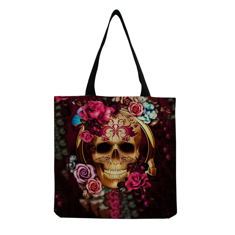 Skull Print Tote Bag Eco Friendly Customizable Shoulder Bag High Capacity