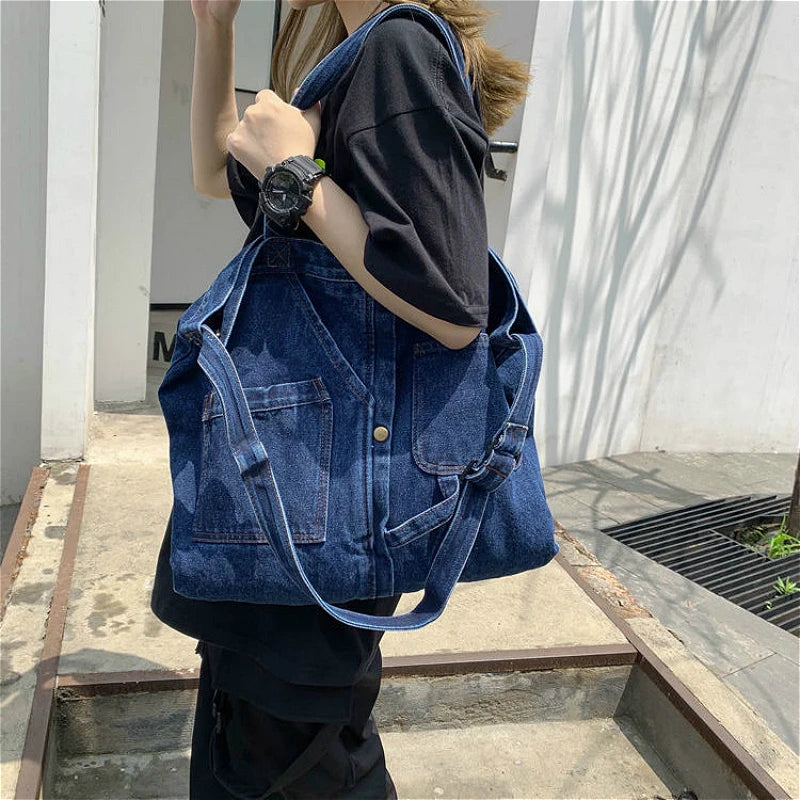Denim Shopping Bag Large Capacity Multi-Pockets All-Match Tote