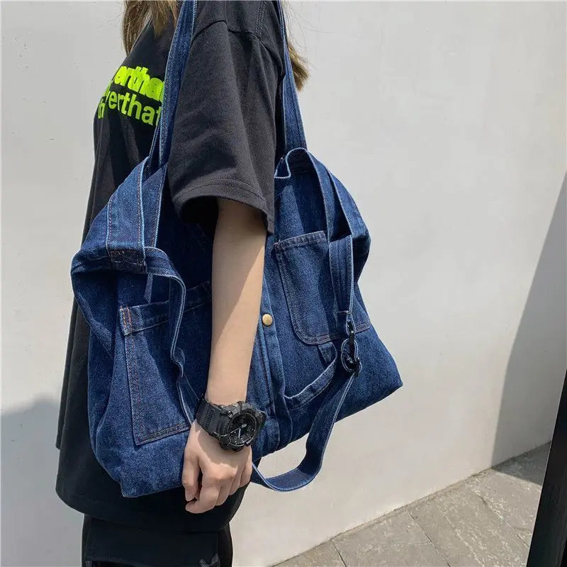 Denim Shopping Bag Large Capacity Multi-Pockets All-Match Tote