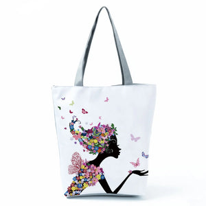 Floral Ladies Tote Bag Reusable Handbag Cartoon Print Large Women Casual