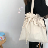 Women Plaid Drawstring Shopper Canvas Bag