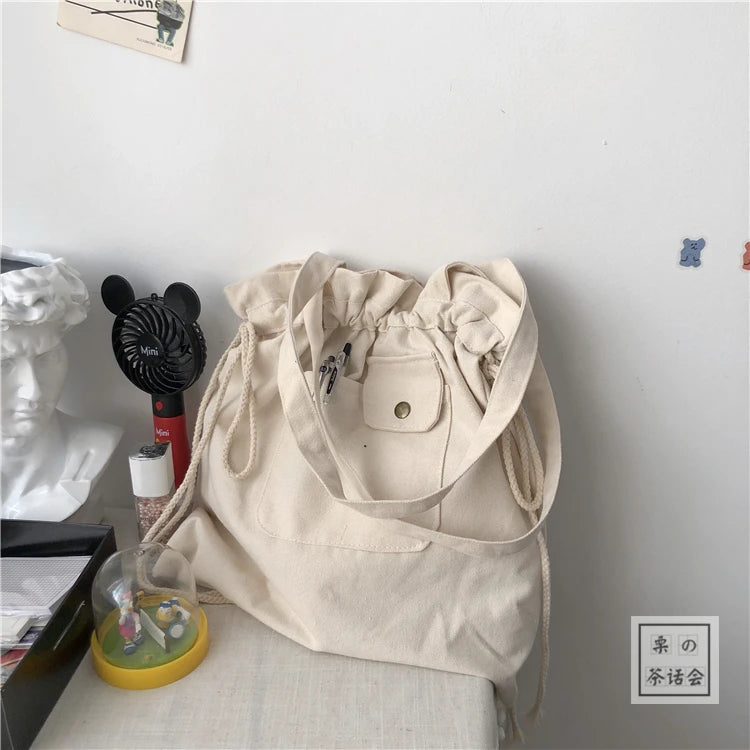 Women Plaid Drawstring Shopper Canvas Bag