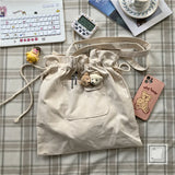 Women Plaid Drawstring Shopper Canvas Bag