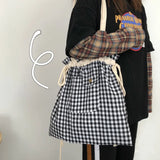 Women Plaid Drawstring Shopper Canvas Bag