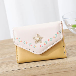 Small Leather Women Wallet Floral Lady Short Purse
