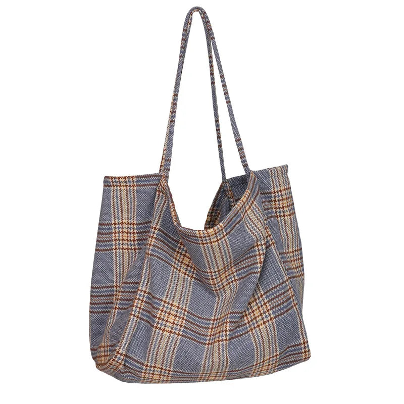 Large Capacity Shoulder Bag Woolen Plaid Handbag