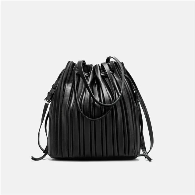 Pleated Stripe Bucket Bag Women Shoulder Bag