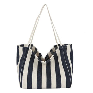 Striped Shoulder Bag Large Capacity Canvas Shopping Pouch