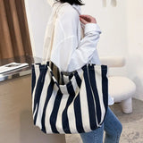 Striped Shoulder Bag Large Capacity Canvas Shopping Pouch