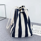 Striped Shoulder Bag Large Capacity Canvas Shopping Pouch