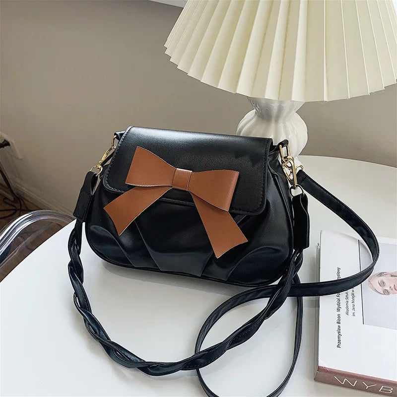 Retro Pleated Shoulder Bag with Bow for Women