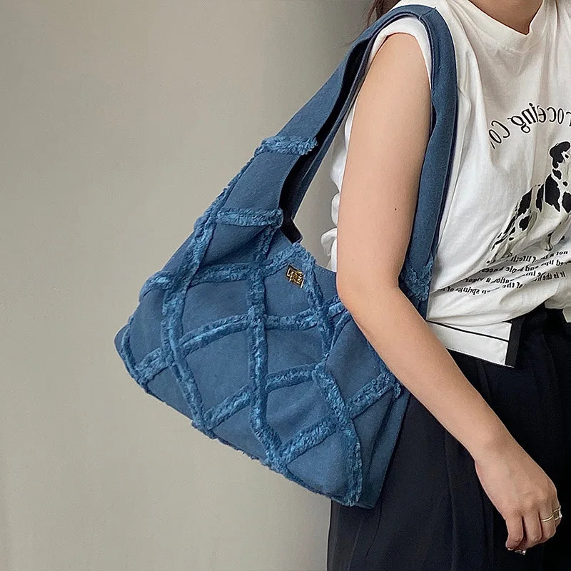 Denim Shoulder Bag for Women Lattice Tote Bags