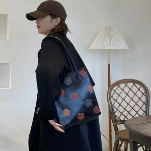 Flower Print Shoulder Bag Vintage Retro Large Capacity Student College PU