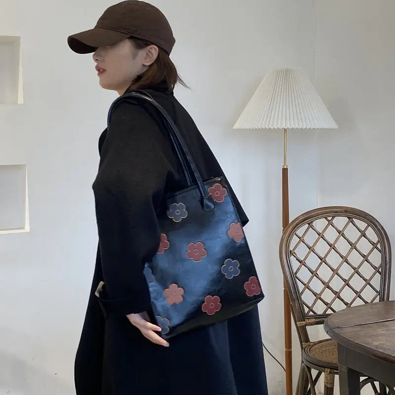 Flower Print Shoulder Bag Vintage Retro Large Capacity Student College PU