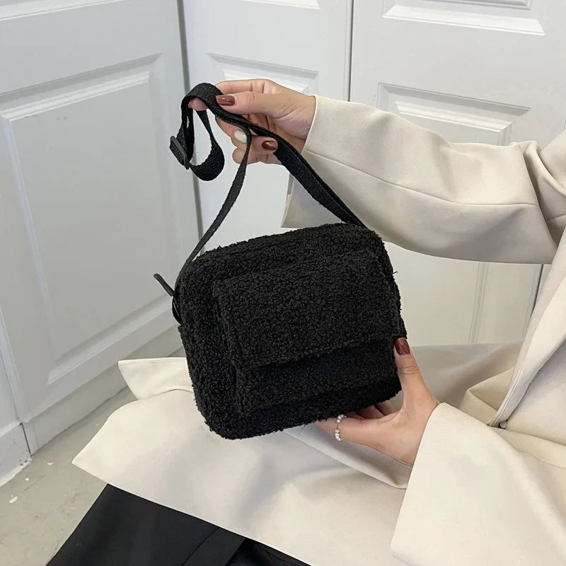 Winter Fluffy Fur Women's Crossbody Bag Small Lambs Wool Plush Fabric Shoulder
