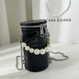 Snake Pattern Cylinder Shoulder Bag For Women PU Chain Crossbody Bucket Handbag