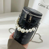 Snake Pattern Cylinder Shoulder Bag For Women PU Chain Crossbody Bucket Handbag