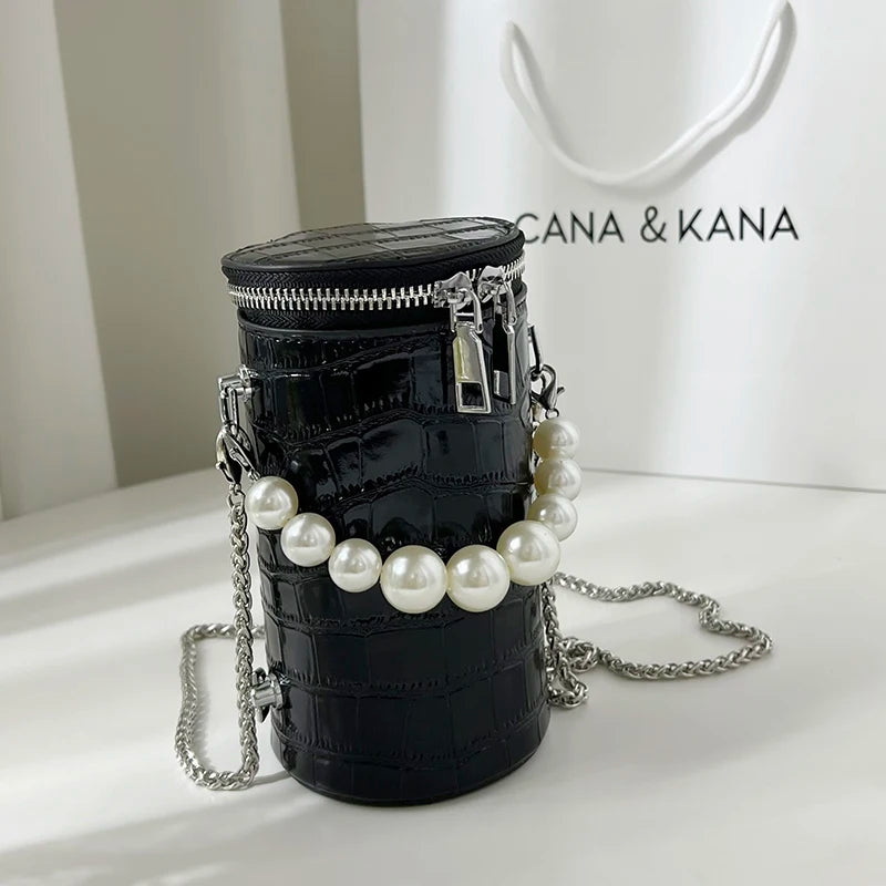 Snake Pattern Cylinder Shoulder Bag For Women PU Chain Crossbody Bucket Handbag