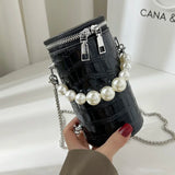 Snake Pattern Cylinder Shoulder Bag For Women PU Chain Crossbody Bucket Handbag