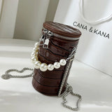 Snake Pattern Cylinder Shoulder Bag For Women PU Chain Crossbody Bucket Handbag