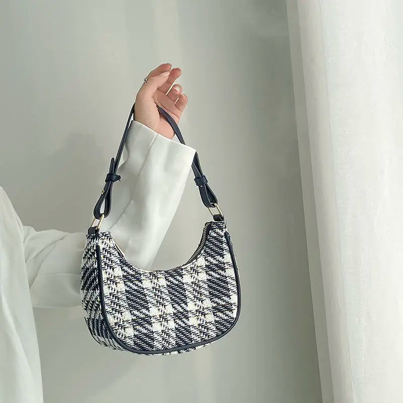 Plaid Woolen Vintage Shoulder Bag Crossbody Half Moon Students All-match