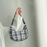 Plaid Woolen Vintage Shoulder Bag Crossbody Half Moon Students All-match