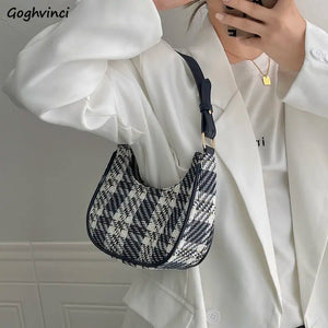 Plaid Woolen Vintage Shoulder Bag Crossbody Half Moon Students All-match