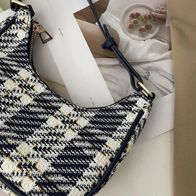 Plaid Woolen Vintage Shoulder Bag Crossbody Half Moon Students All-match
