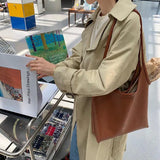 Brown Leisure Shoulder Bag Women Solid Retro Double Strap Soft PU Ins