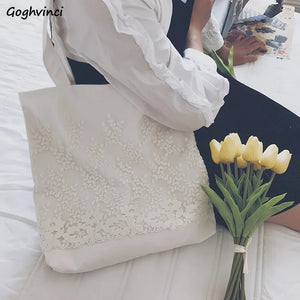 Shoulder Bag Women Canvas Lace Embroidery Student Book Sweet Casual