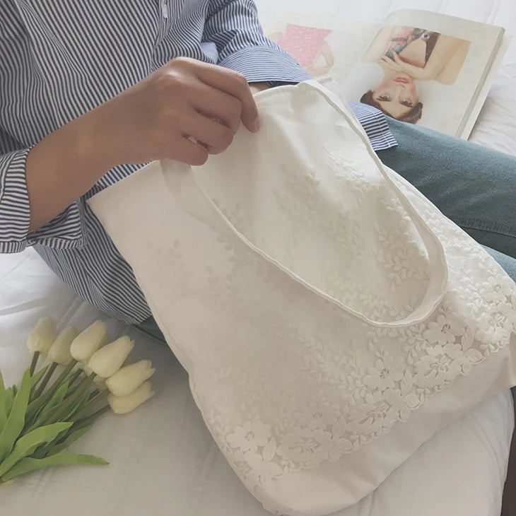 Shoulder Bag Women Canvas Lace Embroidery Student Book Sweet Casual