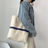 Canvas Striped Shoulder Bag Women Large Capacity Handbag