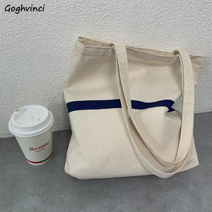 Canvas Striped Shoulder Bag Women Large Capacity Handbag