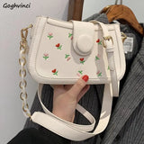 Embroidered Floral Chain Shoulder Bag Adjustable Strap PU Tote