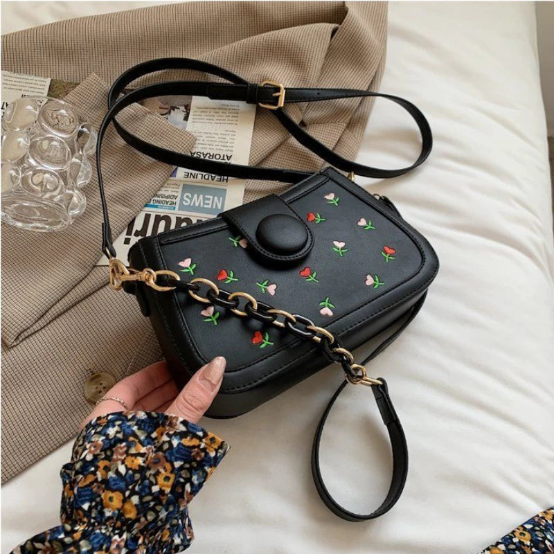 Embroidered Floral Chain Shoulder Bag Adjustable Strap PU Tote