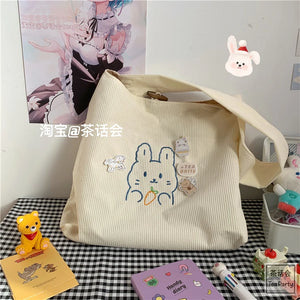 Corduroy Vintage Rabbit Embroidery Shoulder Bag Women