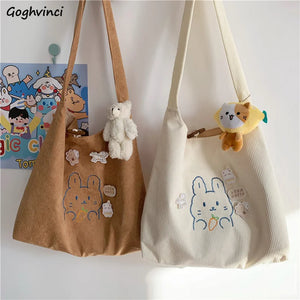 Corduroy Vintage Rabbit Embroidery Shoulder Bag Women