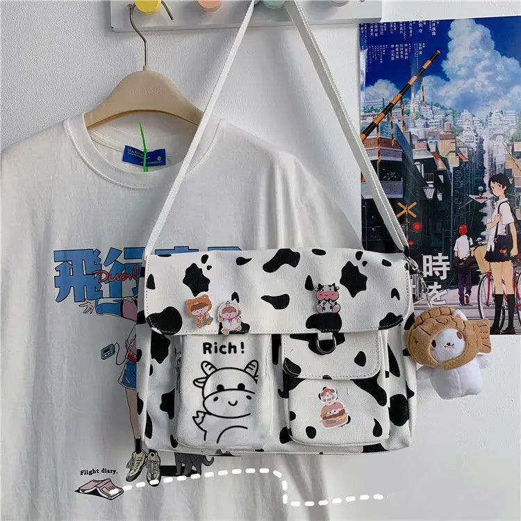 Cow-printing Shoulder Bag Women Canvas Tote Harajuku Cross-body Satchel