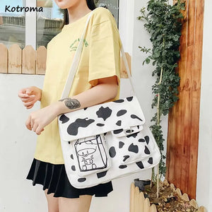 Cow-printing Shoulder Bag Women Canvas Tote Harajuku Cross-body Satchel