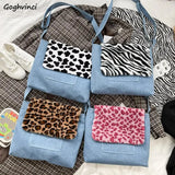 Women Denim Shoulder Bag with Leopard Print Design