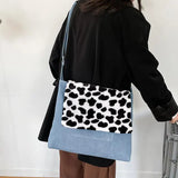 Women Denim Shoulder Bag with Leopard Print Design
