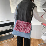 Women Denim Shoulder Bag with Leopard Print Design