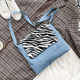 Women Denim Shoulder Bag with Leopard Print Design